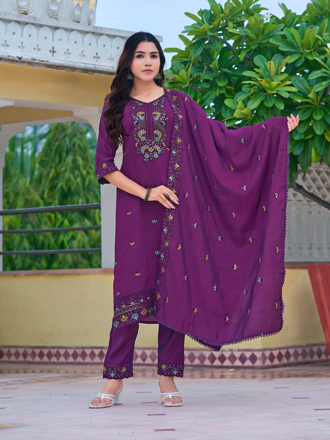 Embroidered Kurta With Pant & Embroidered Dupatta, Purple - Hiral Fashion - Distacart
