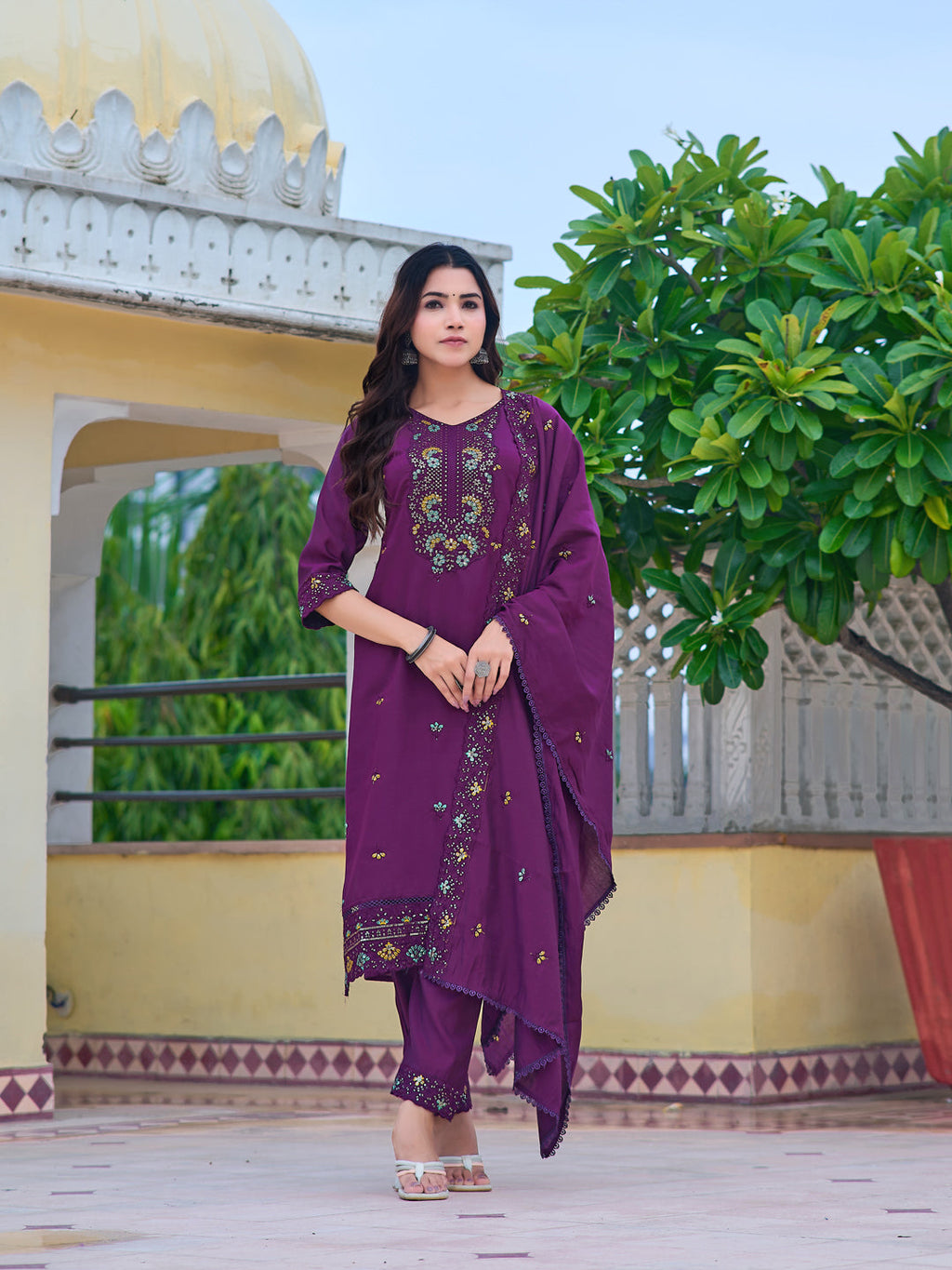Embroidered Kurta With Pant & Embroidered Dupatta, Purple - Hiral Fashion - Distacart