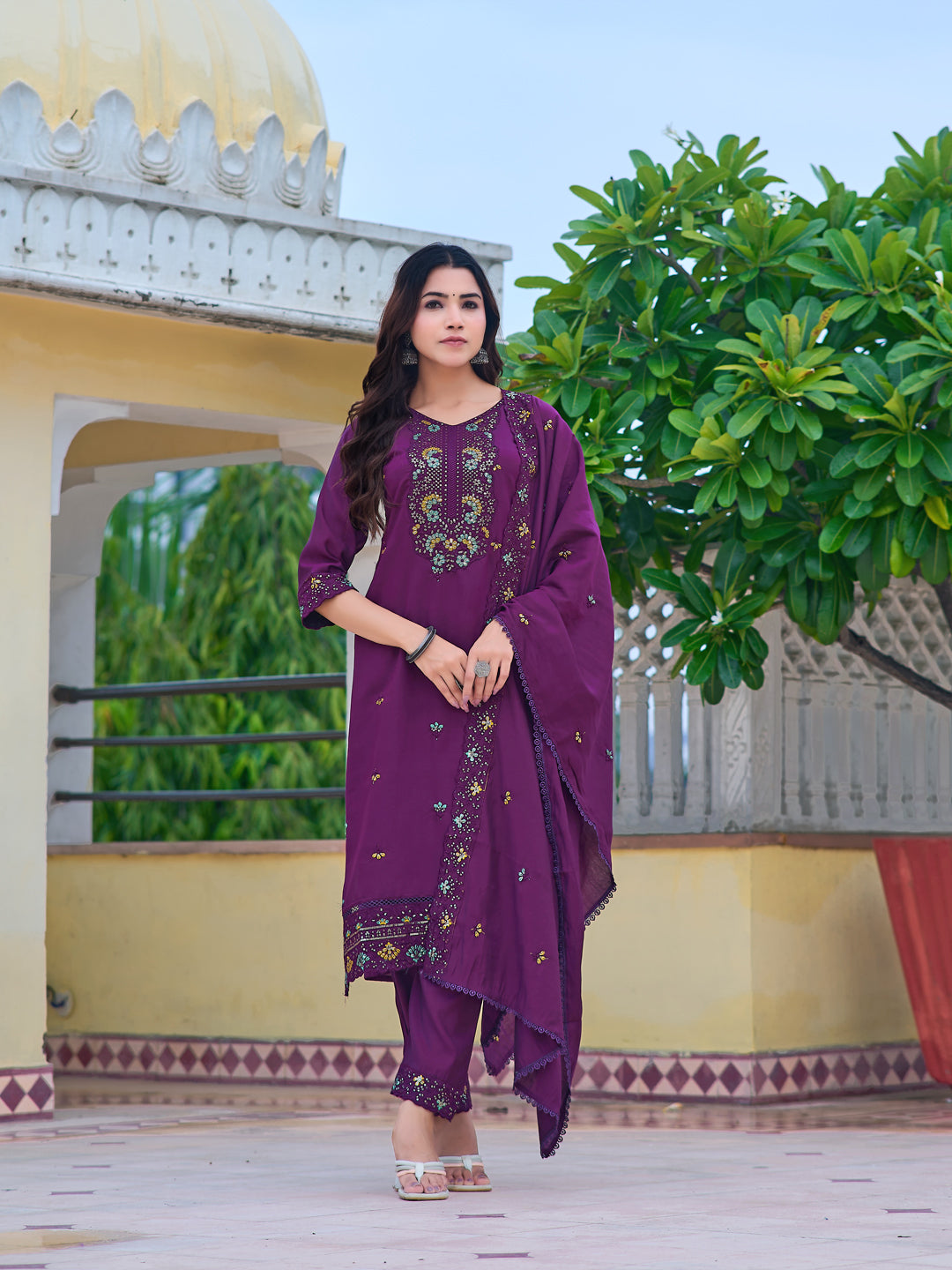 Embroidered Kurta With Pant & Embroidered Dupatta, Purple - Hiral Fashion - Distacart