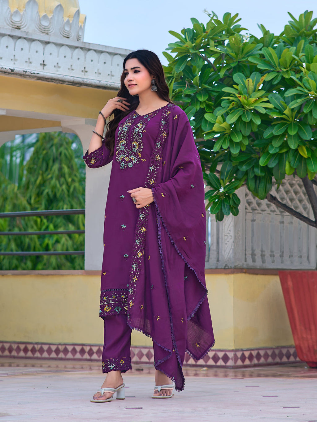 Embroidered Kurta With Pant & Embroidered Dupatta, Purple - Hiral Fashion - Distacart