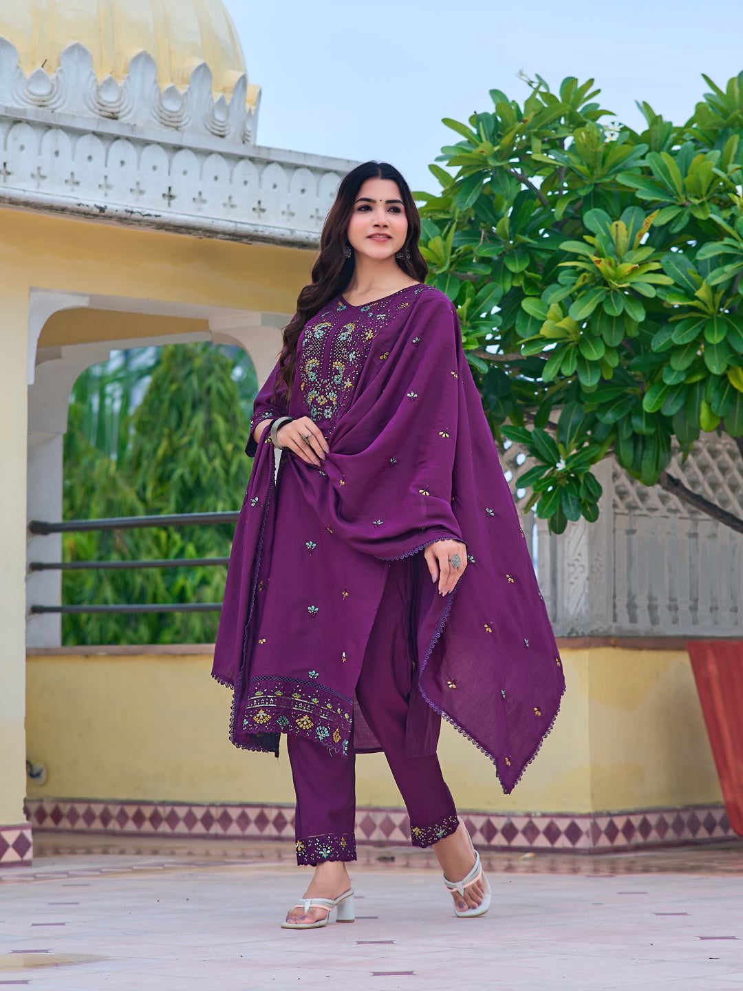 Embroidered Kurta With Pant & Embroidered Dupatta, Purple - Hiral Fashion - Distacart