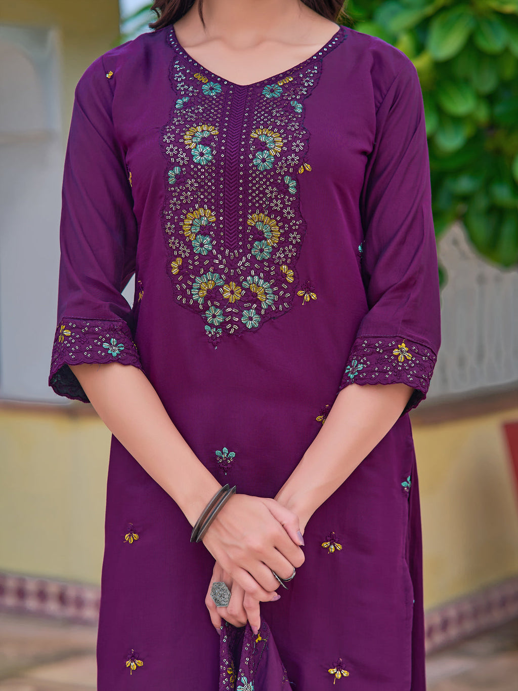 Embroidered Kurta With Pant & Embroidered Dupatta, Purple - Hiral Fashion - Distacart