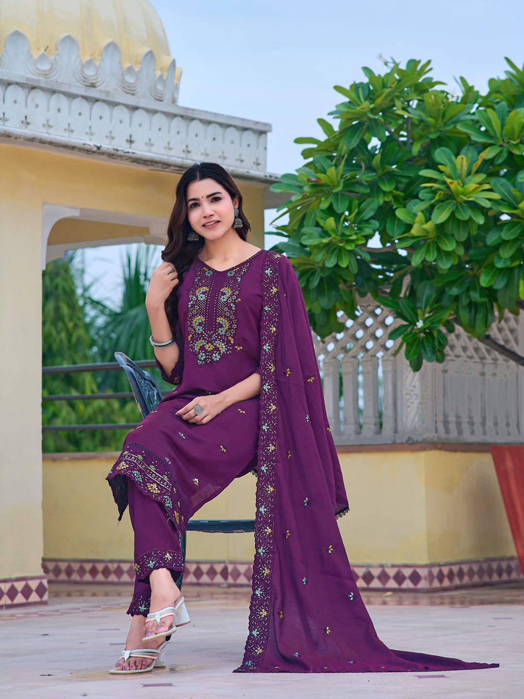 Embroidered Kurta With Pant & Embroidered Dupatta, Purple - Hiral Fashion - Distacart