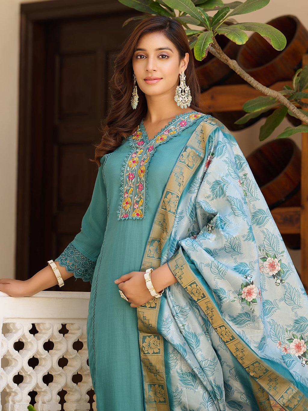 Embroidered Kurta With Pant & Embroidered Dupatta, Blue - Hiral Fashion - Distacart