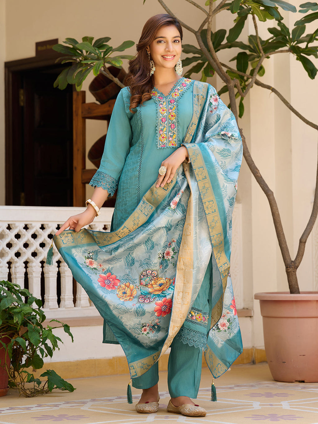Embroidered Kurta With Pant & Embroidered Dupatta, Blue - Hiral Fashion - Distacart