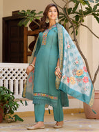 Embroidered Kurta With Pant & Embroidered Dupatta, Blue - Hiral Fashion - Distacart