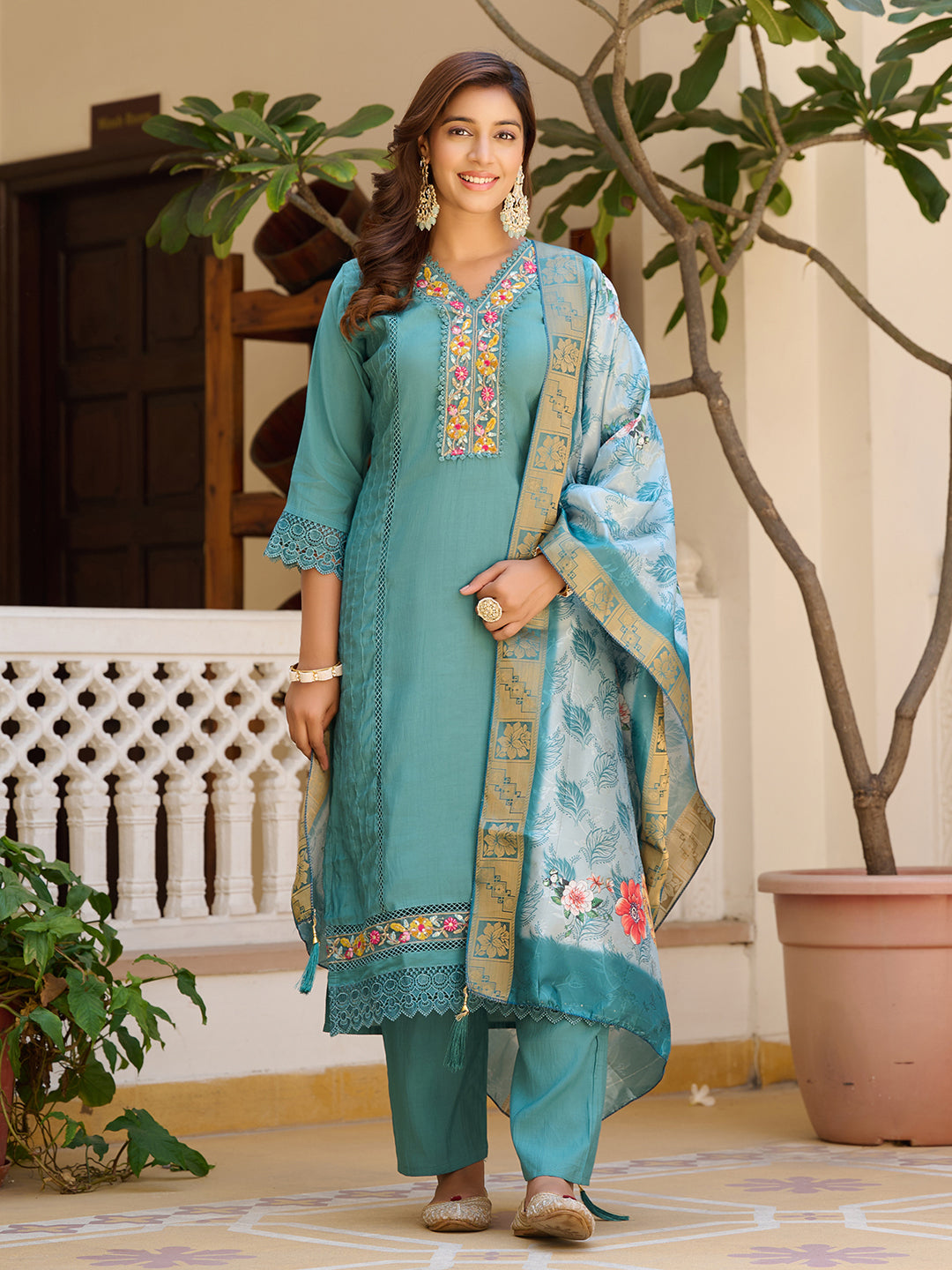 Embroidered Kurta With Pant & Embroidered Dupatta, Blue - Hiral Fashion - Distacart