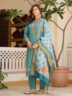 Embroidered Kurta With Pant & Embroidered Dupatta, Blue - Hiral Fashion - Distacart