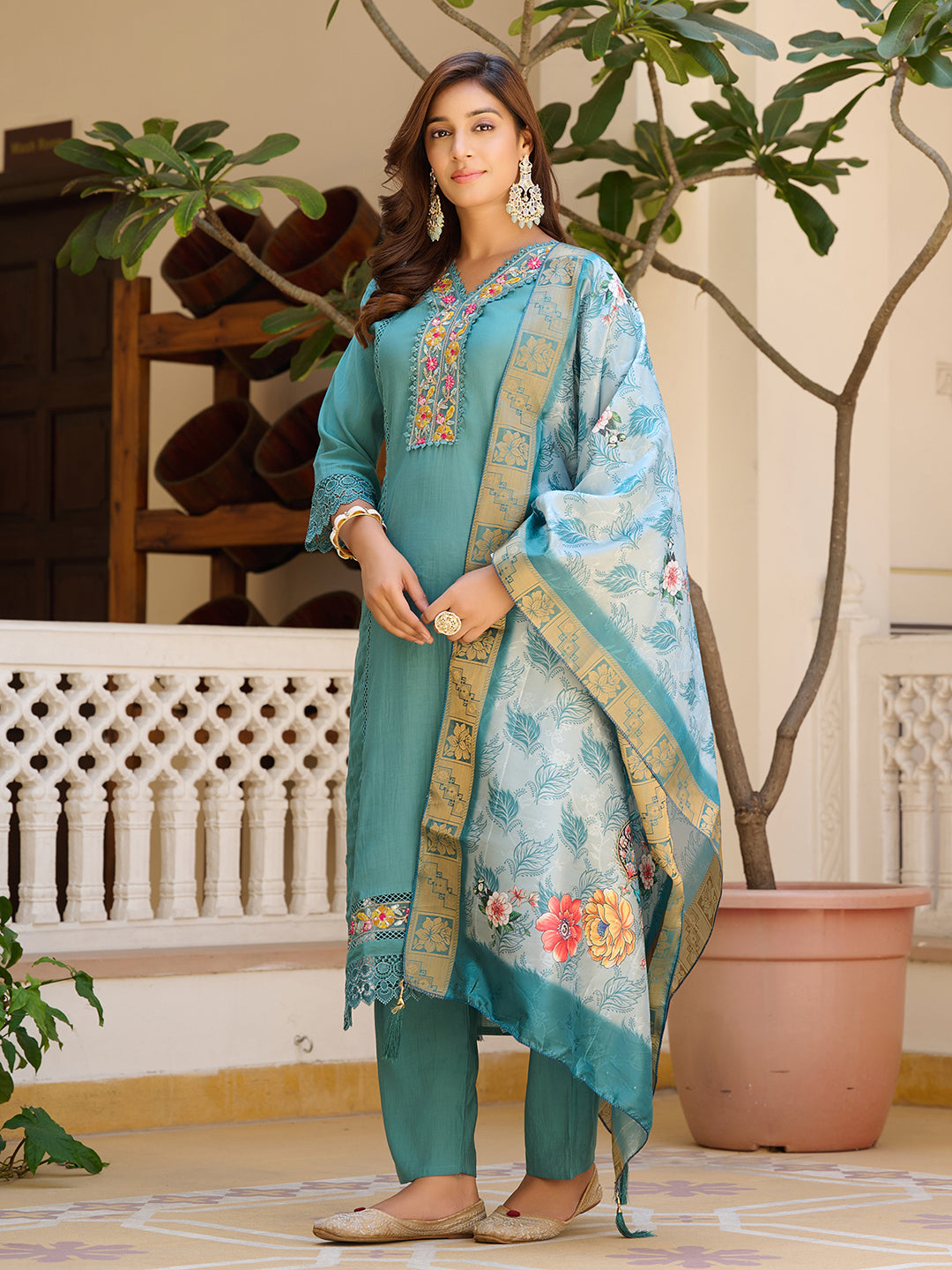 Embroidered Kurta With Pant & Embroidered Dupatta, Blue - Hiral Fashion - Distacart