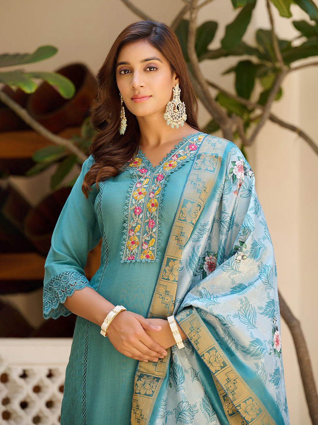 Embroidered Kurta With Pant & Embroidered Dupatta, Blue - Hiral Fashion - Distacart