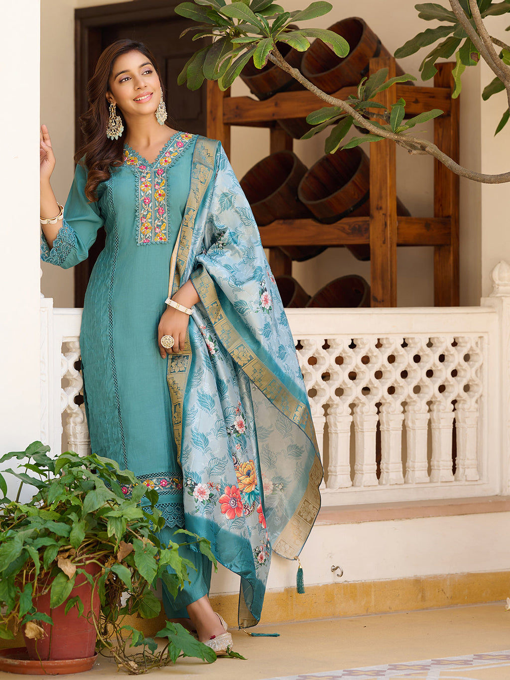 Embroidered Kurta With Pant & Embroidered Dupatta, Blue - Hiral Fashion - Distacart