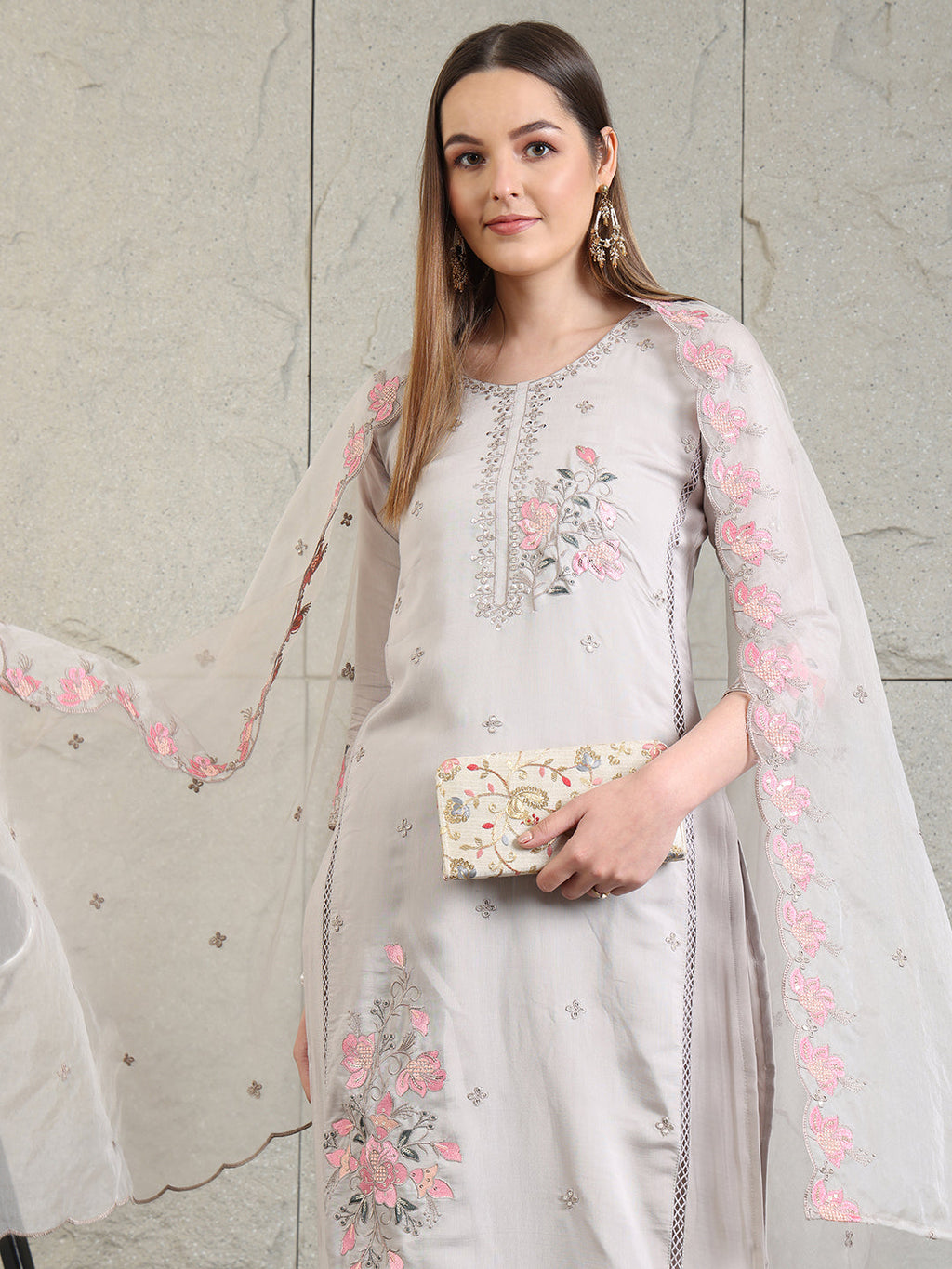 Embroidered Kurta With Pant & Organza Embroidered Dupatta, Grey - Hiral Fashion - Distacart