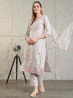Embroidered Kurta With Pant & Organza Embroidered Dupatta, Grey - Hiral Fashion - Distacart