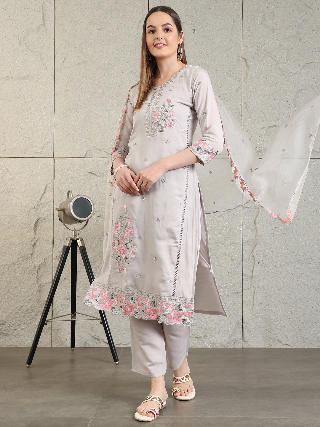 Embroidered Kurta With Pant & Organza Embroidered Dupatta, Grey - Hiral Fashion - Distacart