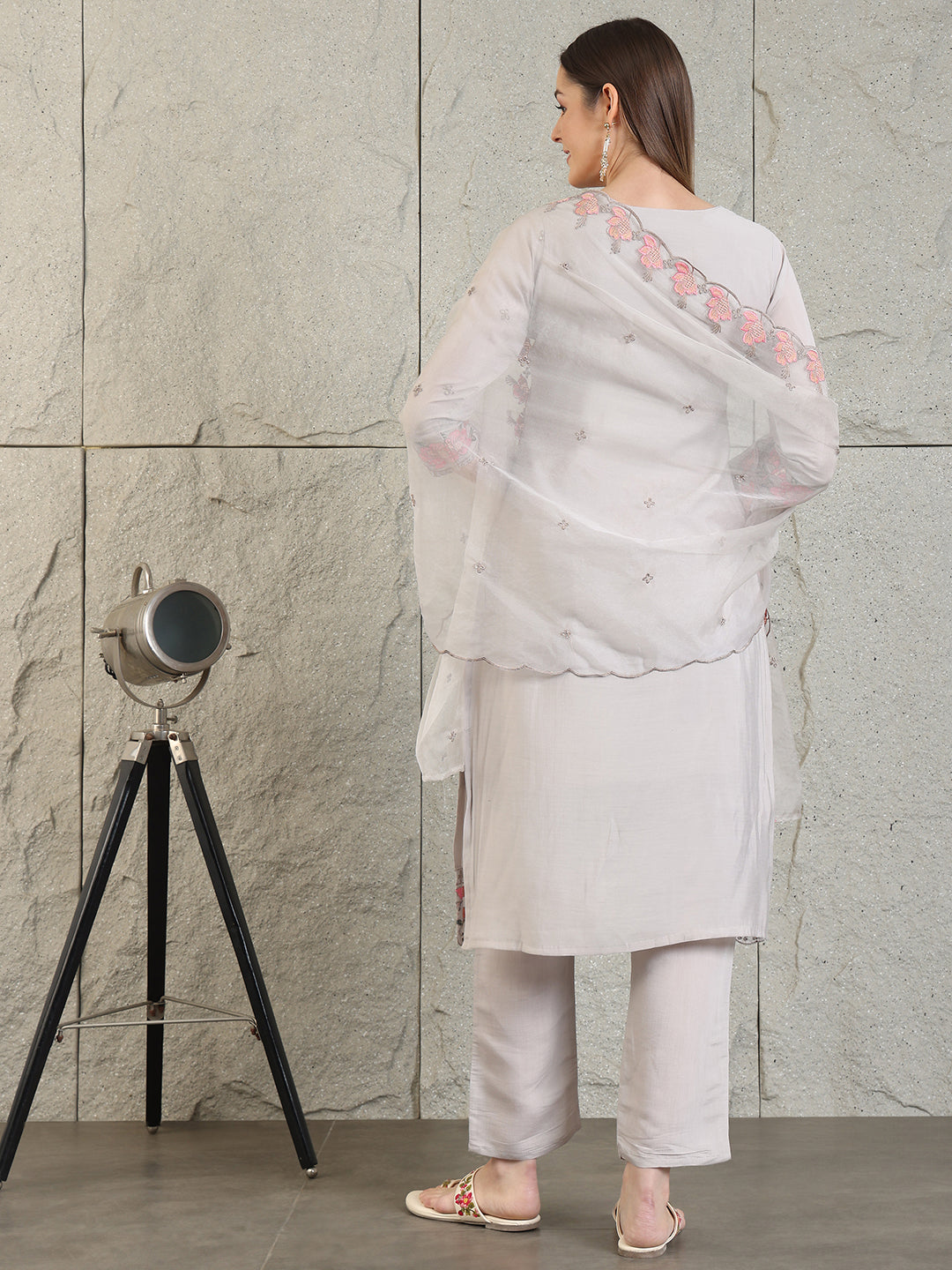 Embroidered Kurta With Pant & Organza Embroidered Dupatta, Grey - Hiral Fashion - Distacart