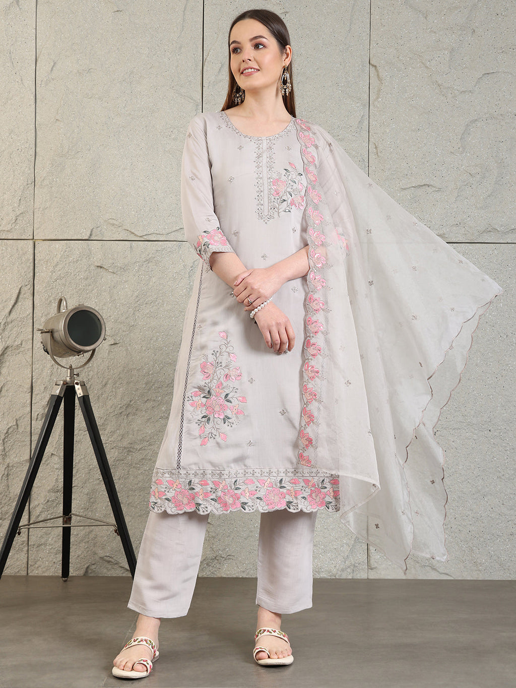 Embroidered Kurta With Pant & Organza Embroidered Dupatta, Grey - Hiral Fashion - Distacart