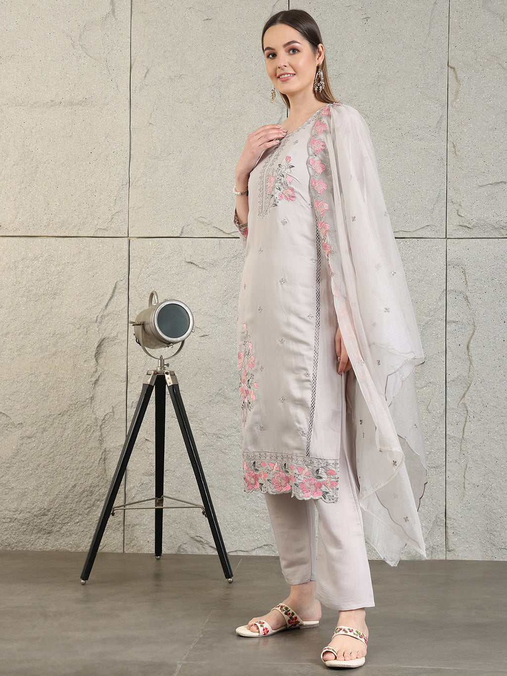 Embroidered Kurta With Pant & Organza Embroidered Dupatta, Grey - Hiral Fashion - Distacart