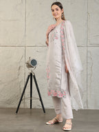 Embroidered Kurta With Pant & Organza Embroidered Dupatta, Grey - Hiral Fashion - Distacart
