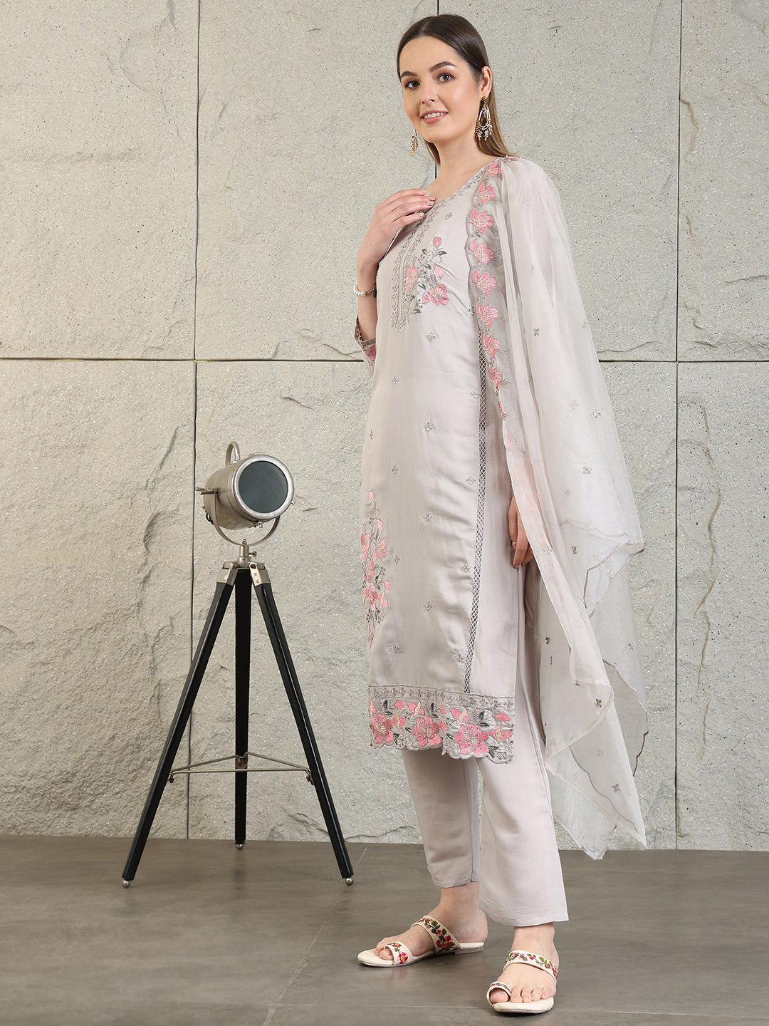 Embroidered Kurta With Pant & Organza Embroidered Dupatta, Grey - Hiral Fashion - Distacart