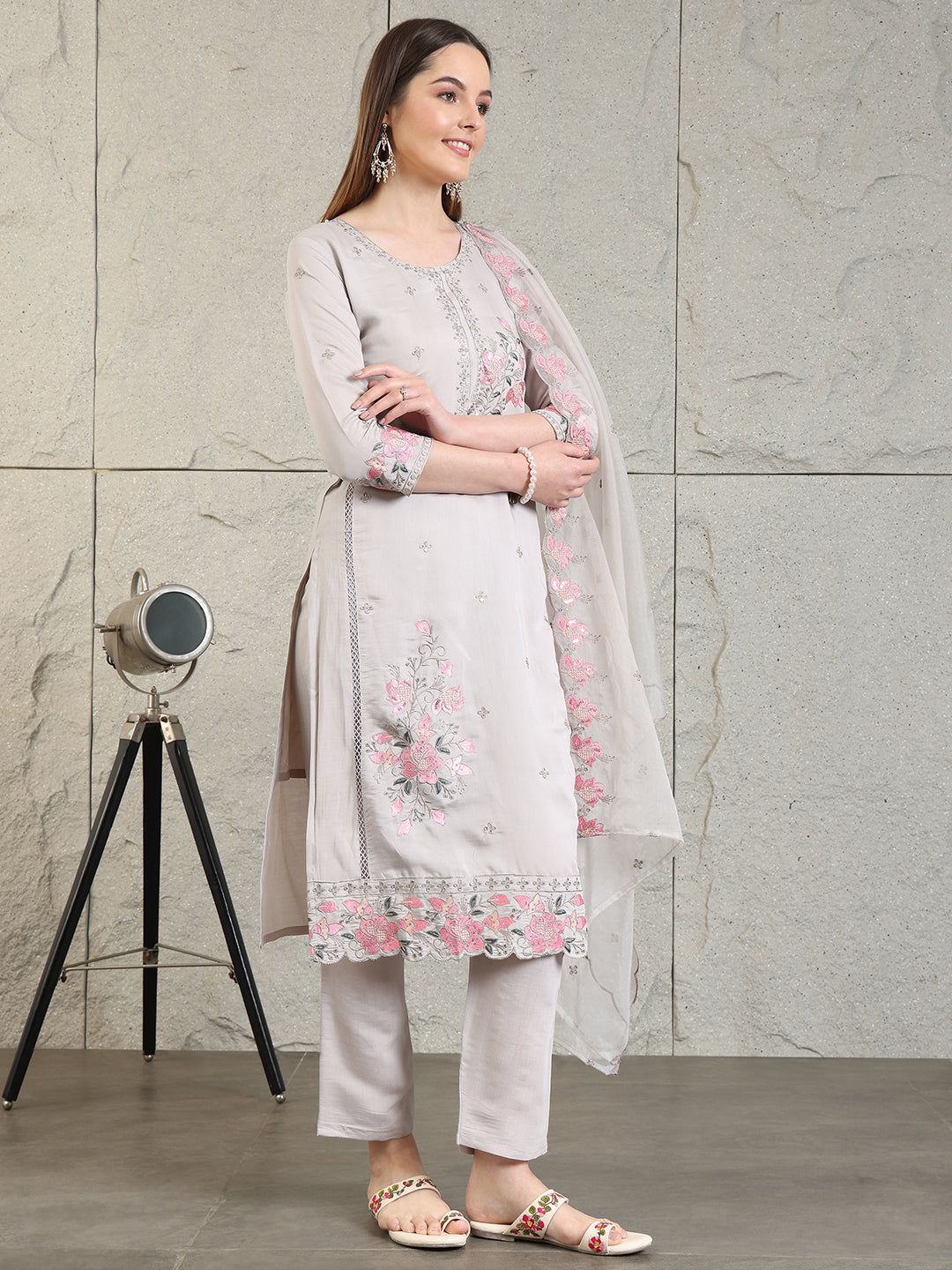 Embroidered Kurta With Pant & Organza Embroidered Dupatta, Grey - Hiral Fashion - Distacart