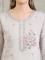 Embroidered Kurta With Pant & Organza Embroidered Dupatta, Grey - Hiral Fashion - Distacart