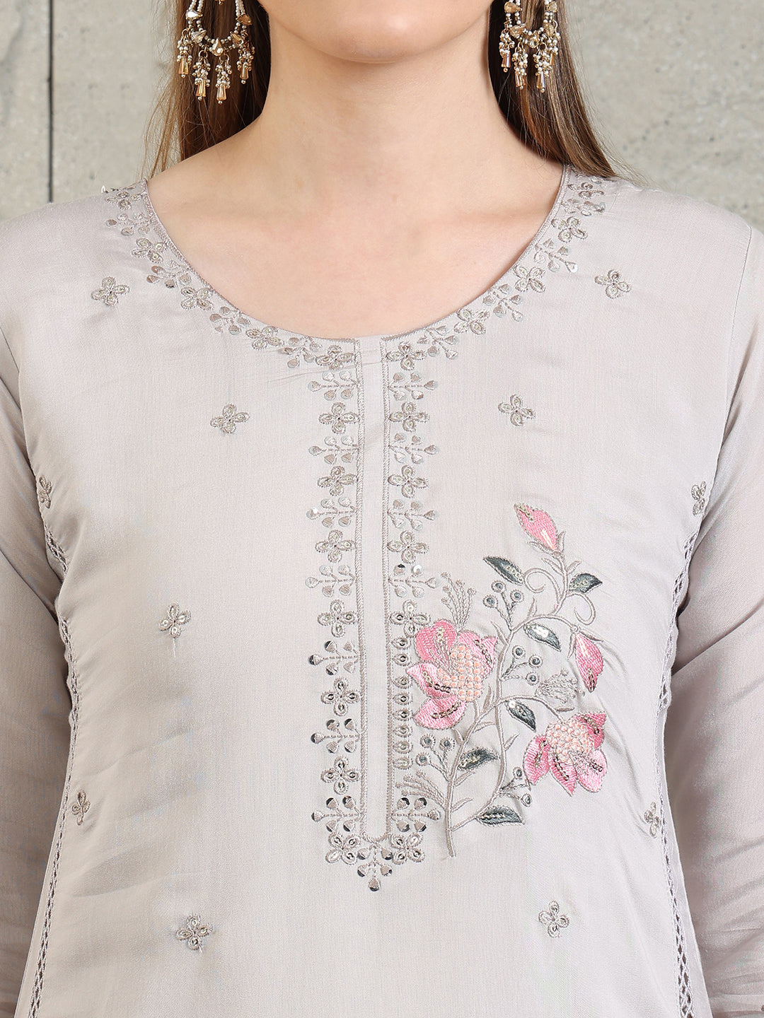 Embroidered Kurta With Pant & Organza Embroidered Dupatta, Grey - Hiral Fashion - Distacart