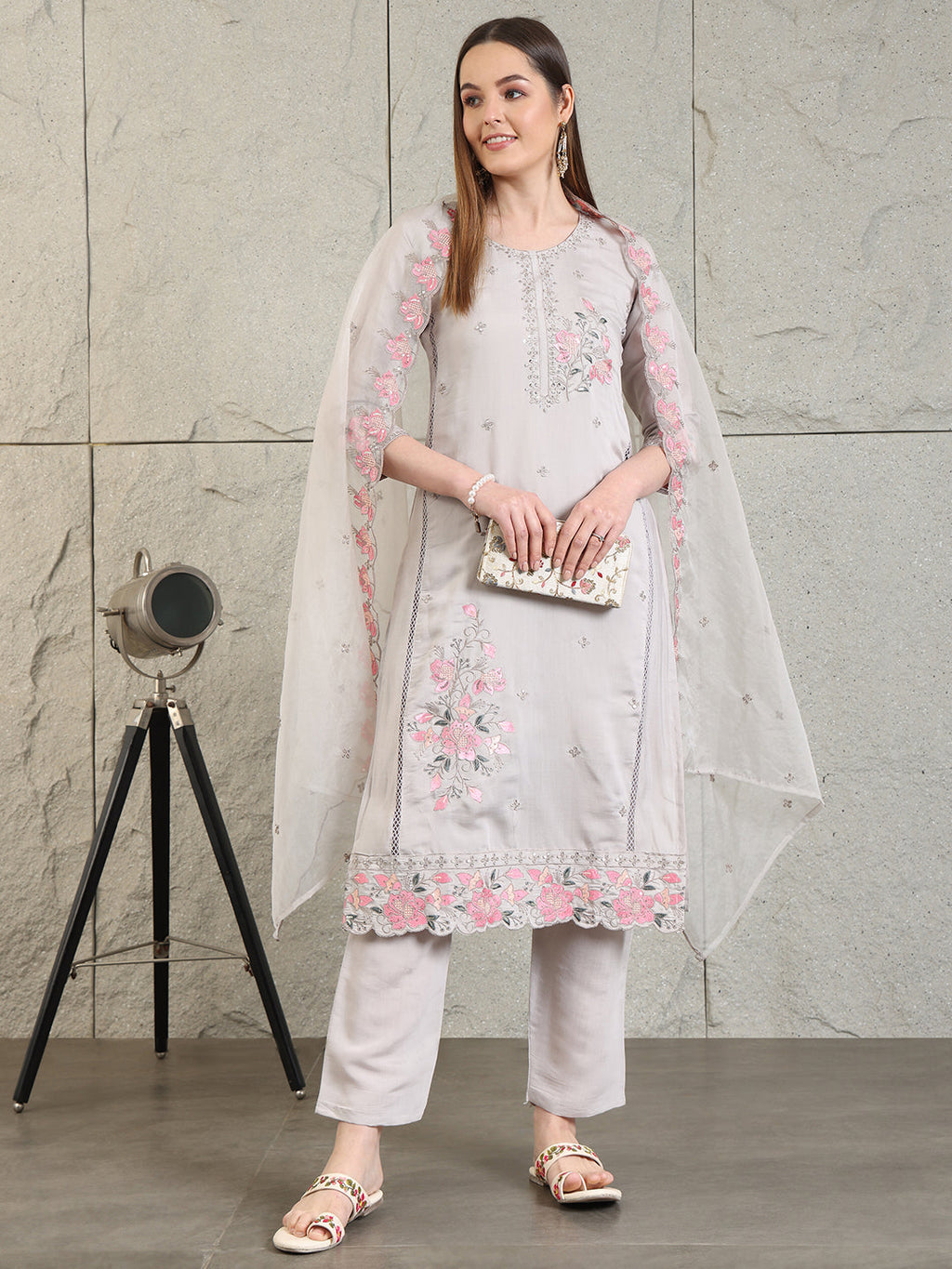 Embroidered Kurta With Pant & Organza Embroidered Dupatta, Grey - Hiral Fashion - Distacart