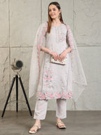 Embroidered Kurta With Pant & Organza Embroidered Dupatta, Grey - Hiral Fashion - Distacart