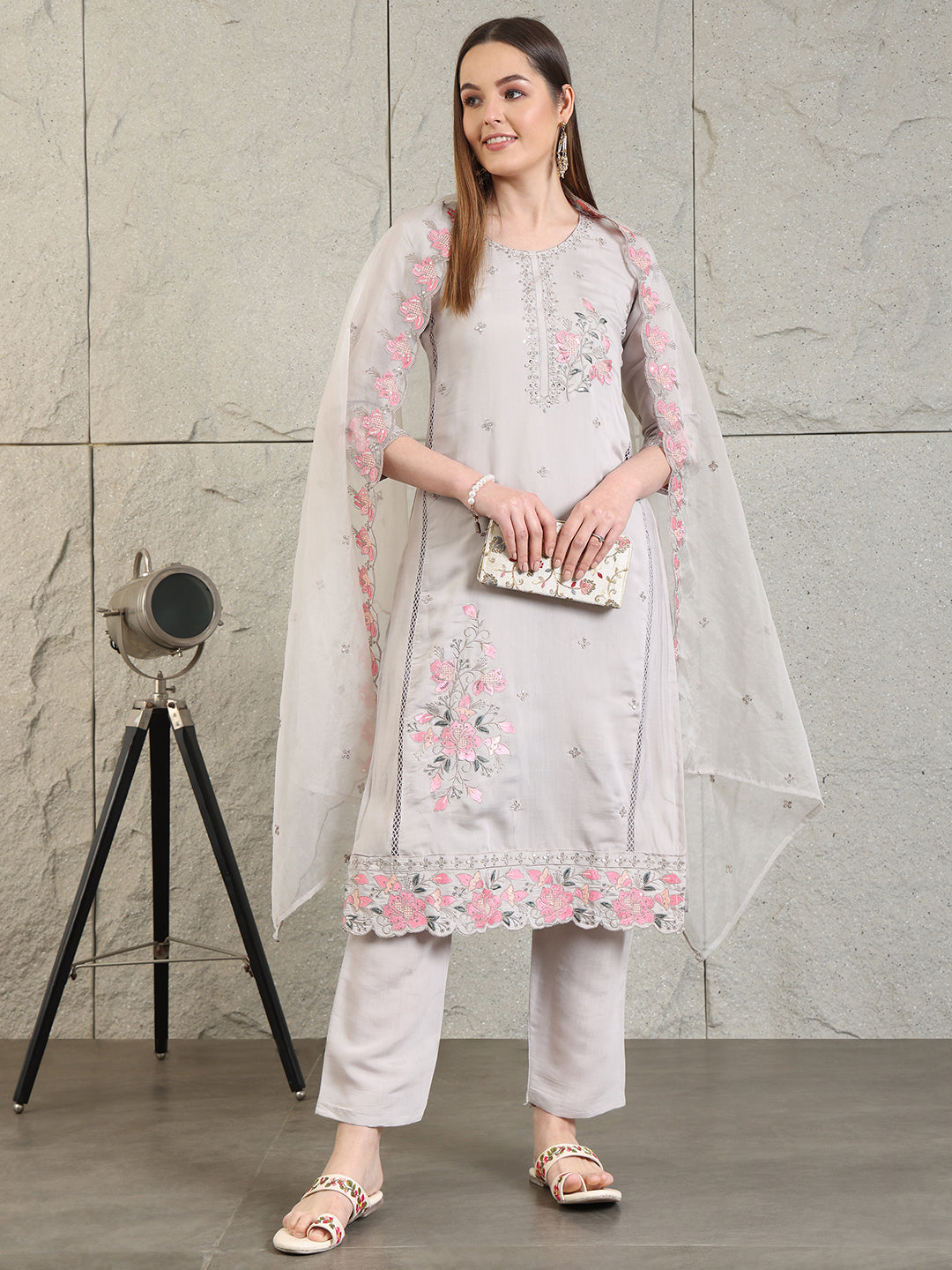 Embroidered Kurta With Pant & Organza Embroidered Dupatta, Grey - Hiral Fashion - Distacart