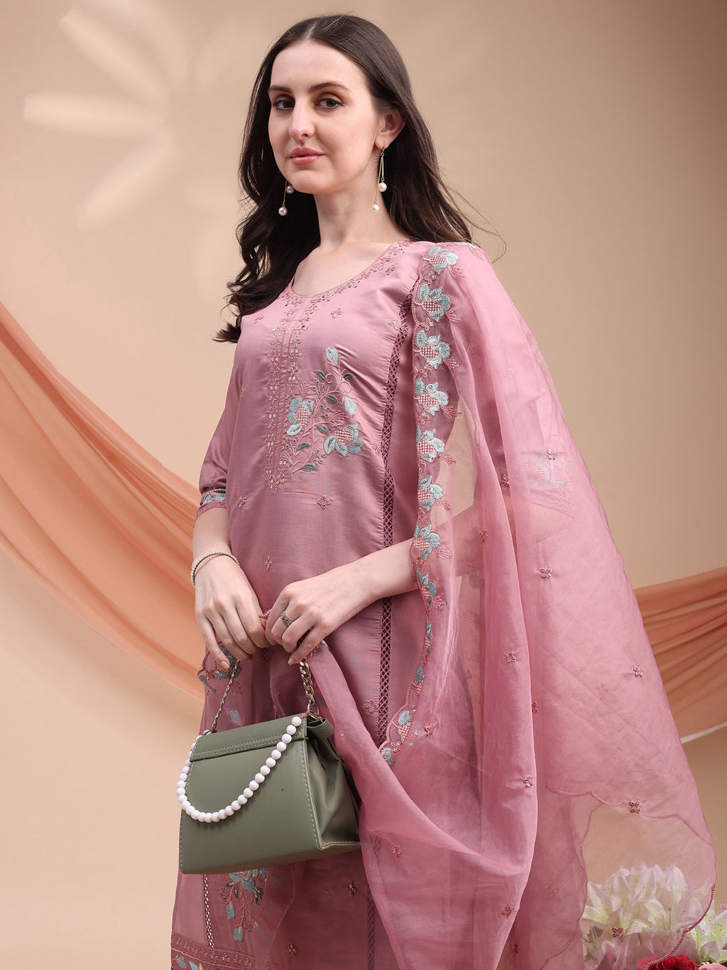 Embroidered Kurta With Pant & Organza Embroidered Dupatta, Pink - Hiral Fashion - Distacart