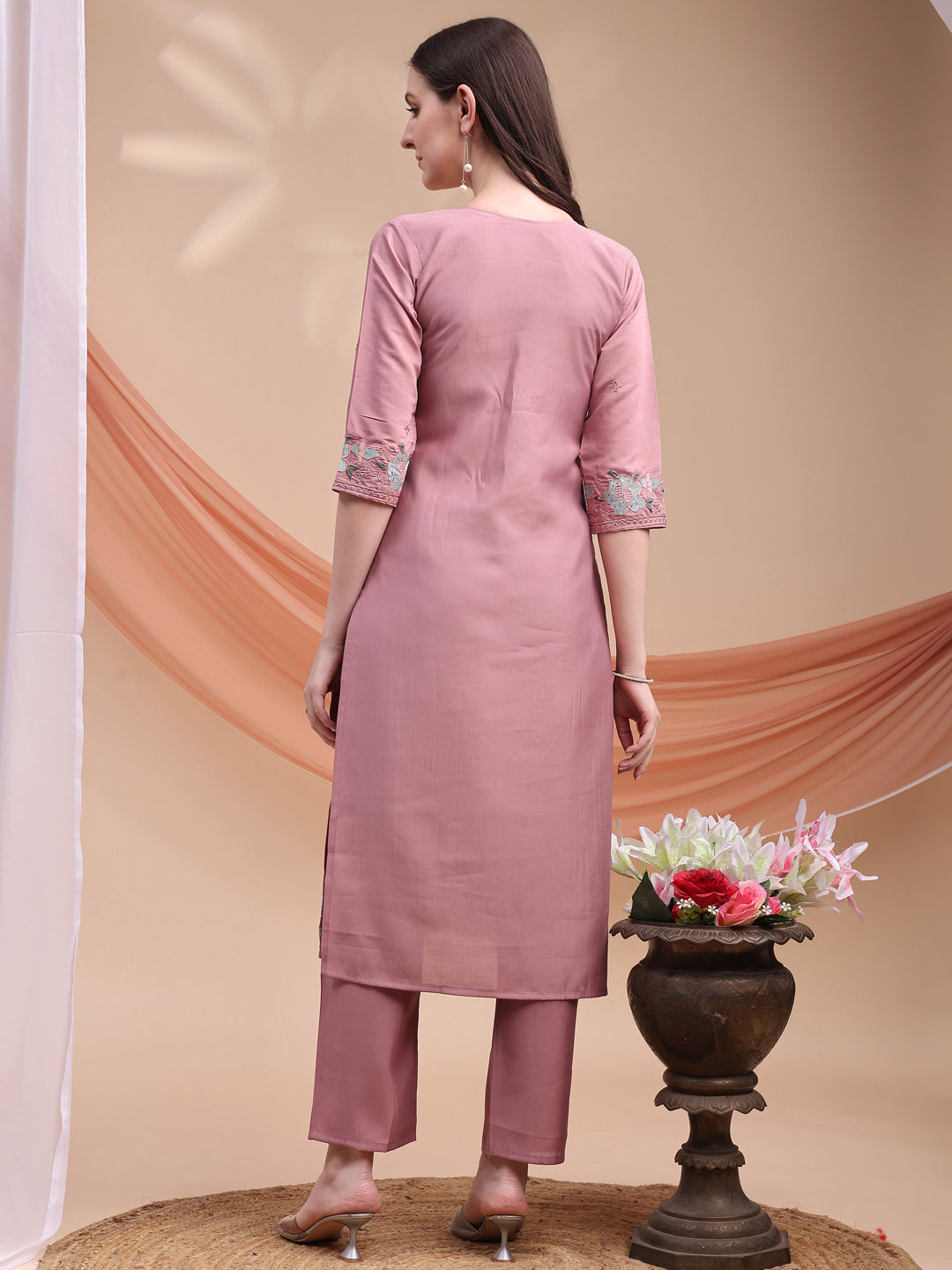 Embroidered Kurta With Pant & Organza Embroidered Dupatta, Pink - Hiral Fashion - Distacart