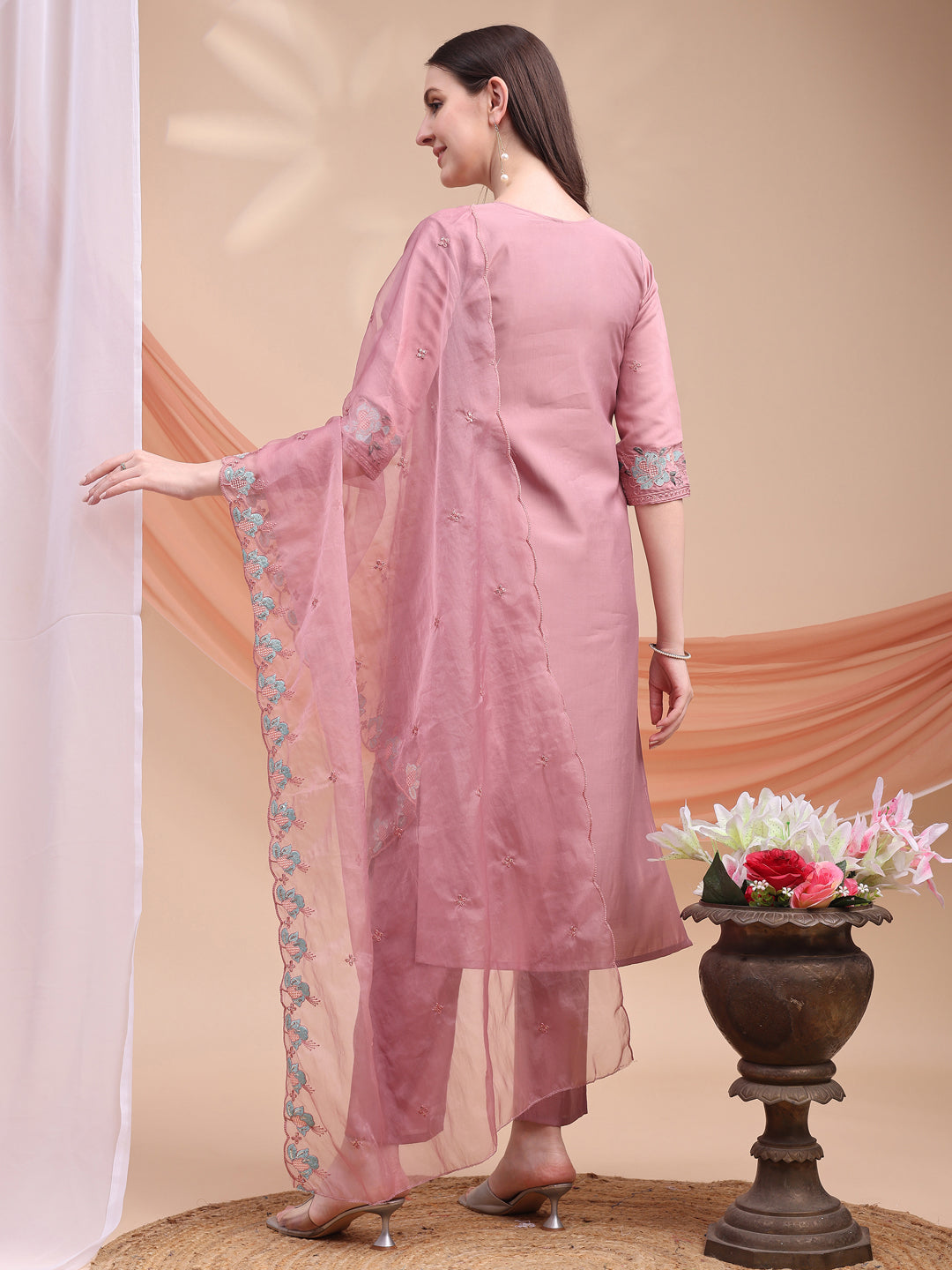 Embroidered Kurta With Pant & Organza Embroidered Dupatta, Pink - Hiral Fashion - Distacart