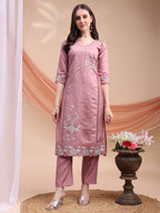 Embroidered Kurta With Pant & Organza Embroidered Dupatta, Pink - Hiral Fashion - Distacart