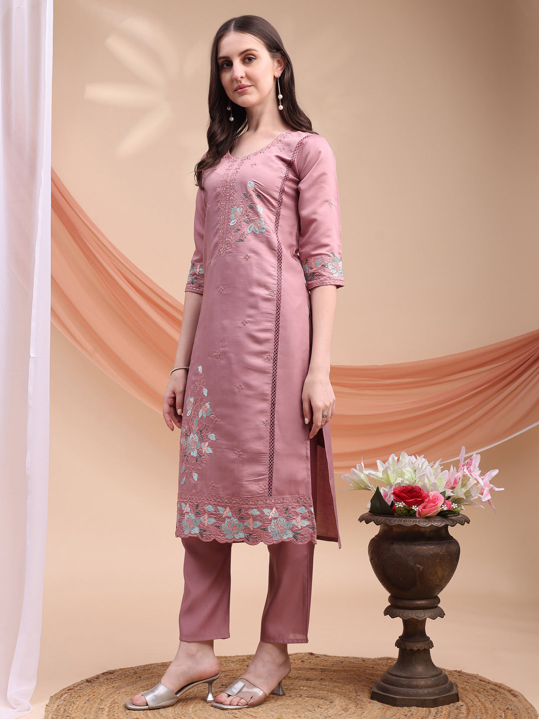 Embroidered Kurta With Pant & Organza Embroidered Dupatta, Pink - Hiral Fashion - Distacart