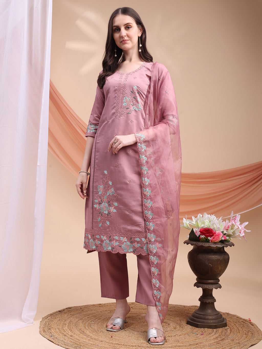 Embroidered Kurta With Pant & Organza Embroidered Dupatta, Pink - Hiral Fashion - Distacart