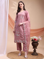 Embroidered Kurta With Pant & Organza Embroidered Dupatta, Pink - Hiral Fashion - Distacart