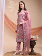 Embroidered Kurta With Pant & Organza Embroidered Dupatta, Pink - Hiral Fashion - Distacart