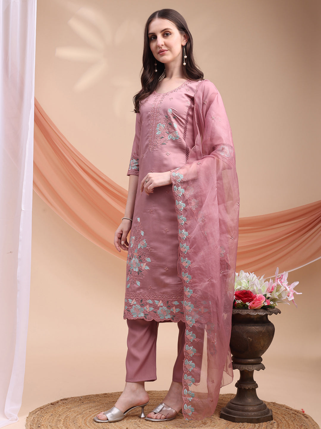 Embroidered Kurta With Pant & Organza Embroidered Dupatta, Pink - Hiral Fashion - Distacart