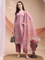 Embroidered Kurta With Pant & Organza Embroidered Dupatta, Pink - Hiral Fashion - Distacart