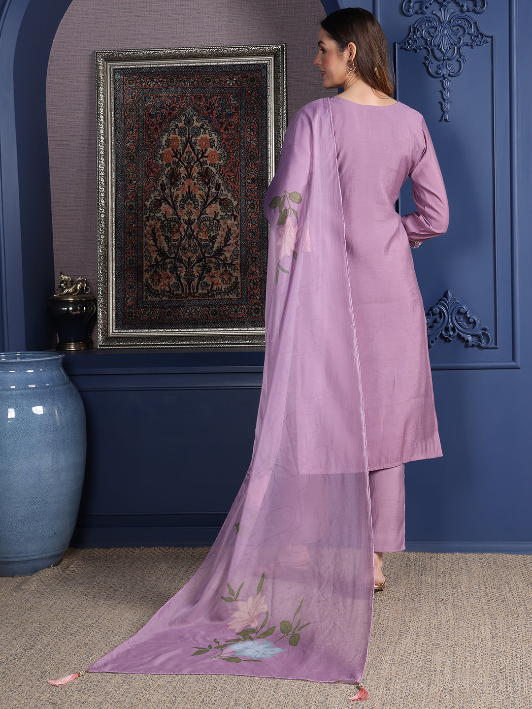 Placement Embroidered Kurta With Pant & Organza Printed Dupatta, Lavender - Hiral Fashion - Distacart