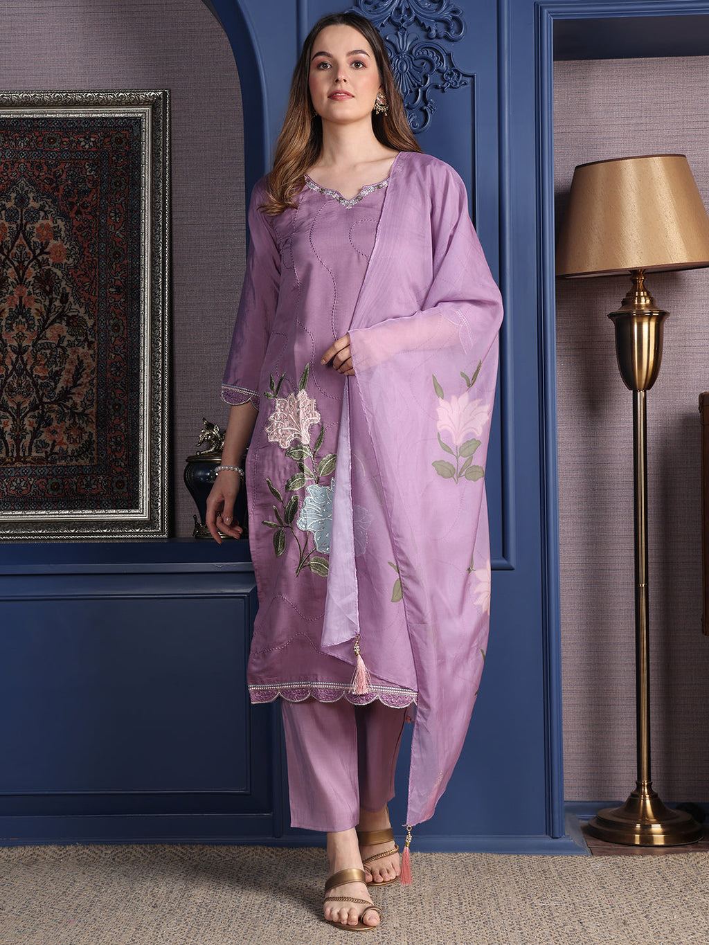 Placement Embroidered Kurta With Pant & Organza Printed Dupatta, Lavender - Hiral Fashion - Distacart