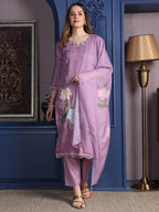 Placement Embroidered Kurta With Pant & Organza Printed Dupatta, Lavender - Hiral Fashion - Distacart