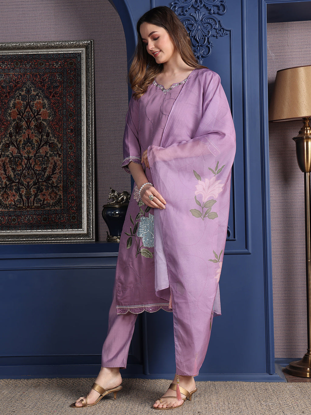 Placement Embroidered Kurta With Pant & Organza Printed Dupatta, Lavender - Hiral Fashion - Distacart