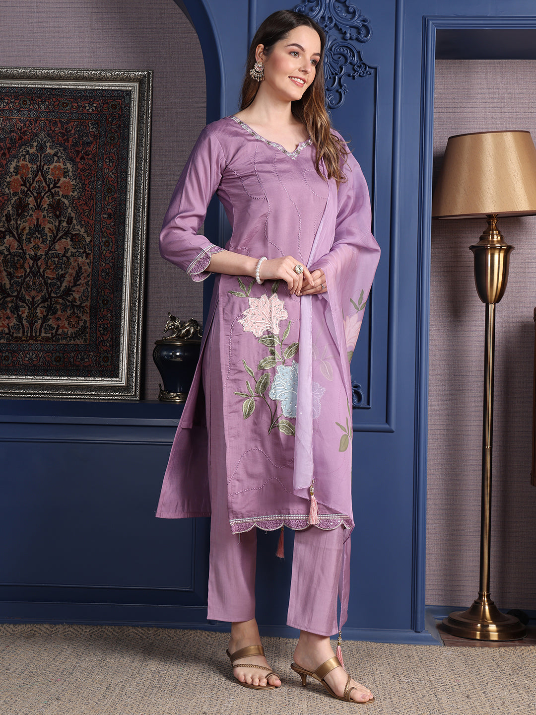 Placement Embroidered Kurta With Pant & Organza Printed Dupatta, Lavender - Hiral Fashion - Distacart