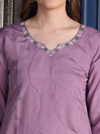 Placement Embroidered Kurta With Pant & Organza Printed Dupatta, Lavender - Hiral Fashion - Distacart