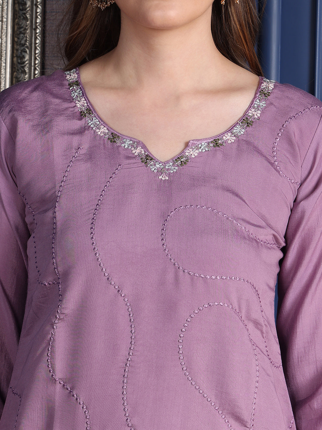 Placement Embroidered Kurta With Pant & Organza Printed Dupatta, Lavender - Hiral Fashion - Distacart
