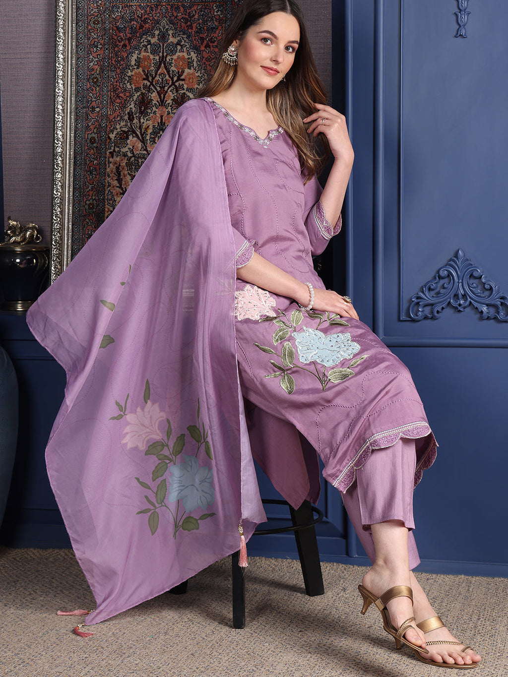 Placement Embroidered Kurta With Pant & Organza Printed Dupatta, Lavender - Hiral Fashion - Distacart