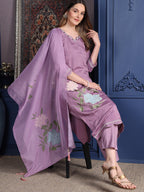 Placement Embroidered Kurta With Pant & Organza Printed Dupatta, Lavender - Hiral Fashion - Distacart