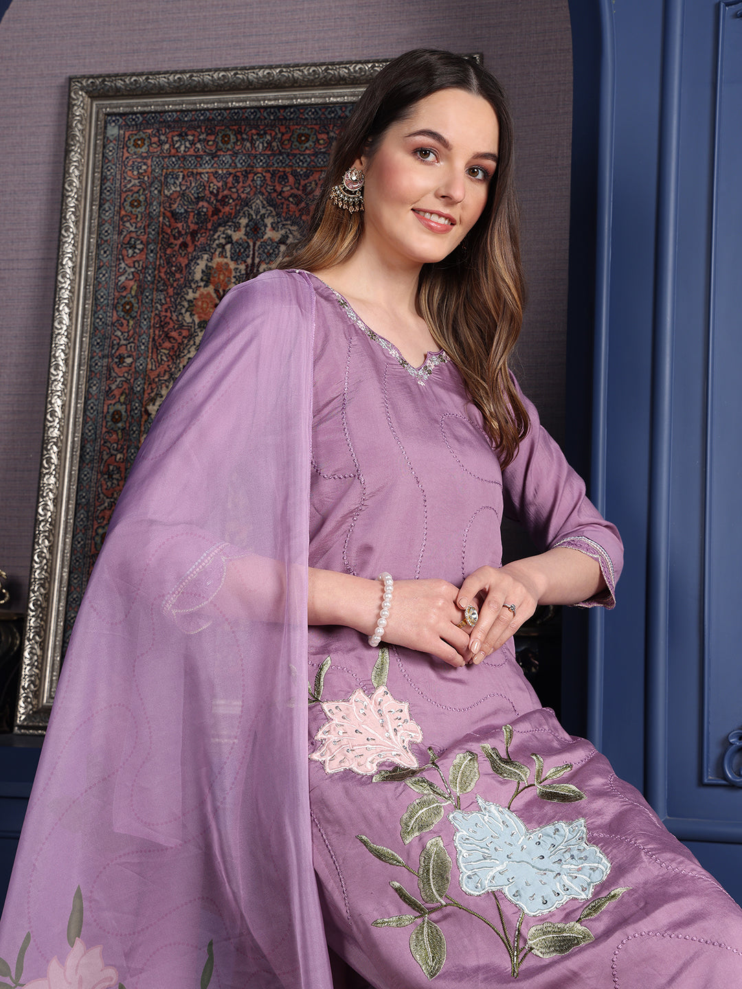 Placement Embroidered Kurta With Pant & Organza Printed Dupatta, Lavender - Hiral Fashion - Distacart
