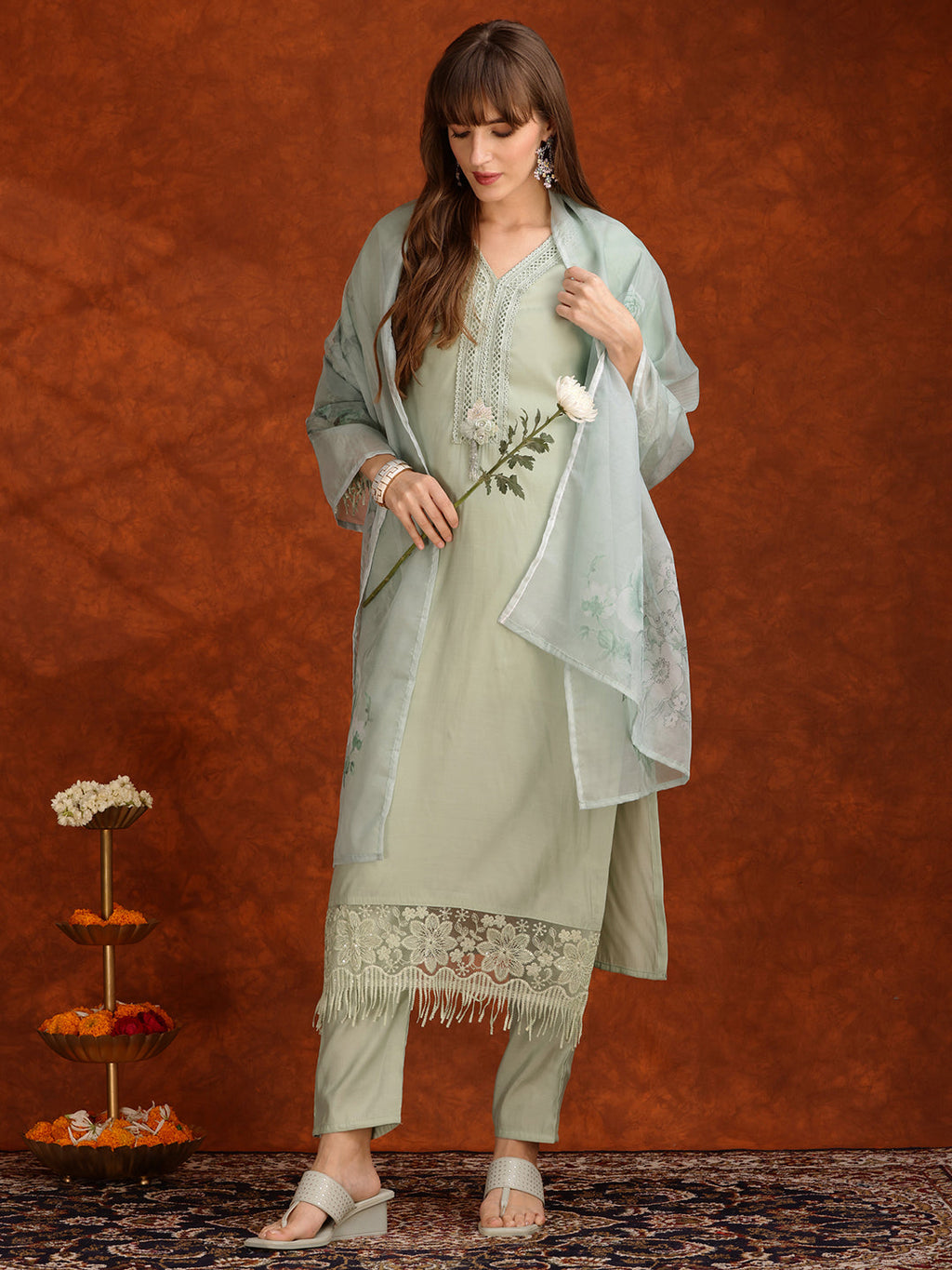 Artificial Flower & Lace Detailing Kurta With Pant & Dupatta, Green - Hiral Fashion - Distacart